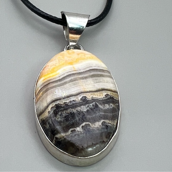 New Zebra Calcite Agate Stone Silver Overlay Pendant Necklace w Cord - Picture 6 of 8